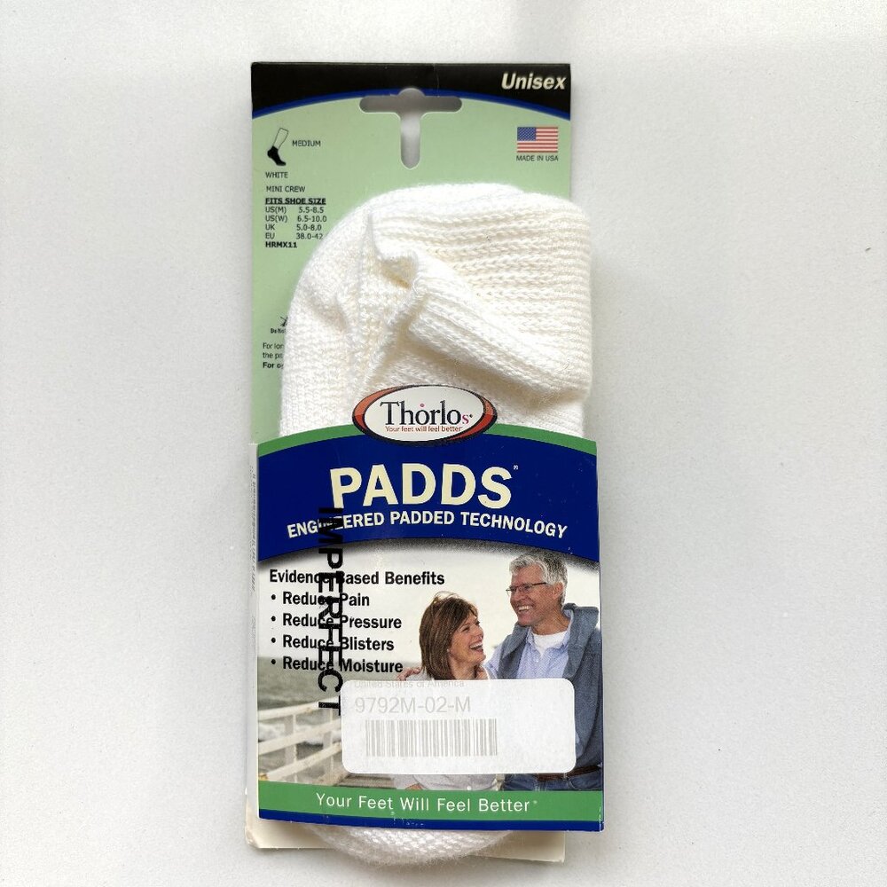 Thorlo Padds Mini Crew Socks Diabetic Ankle White Unisex NEW